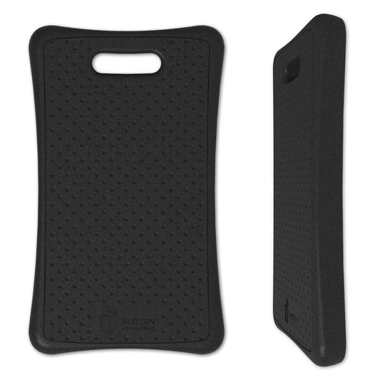 A black garden kneeler pad with a textured surface and a carry handle on top.